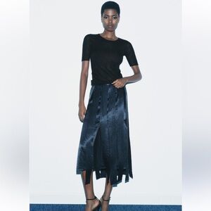 NWT Zara Fringe Midi Panel Skirt Navy Size Small